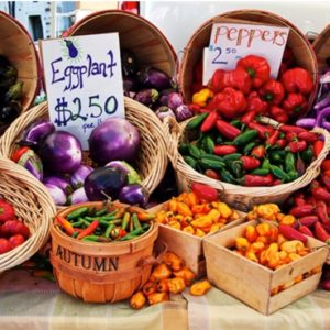 fruit and vegetables in baskets